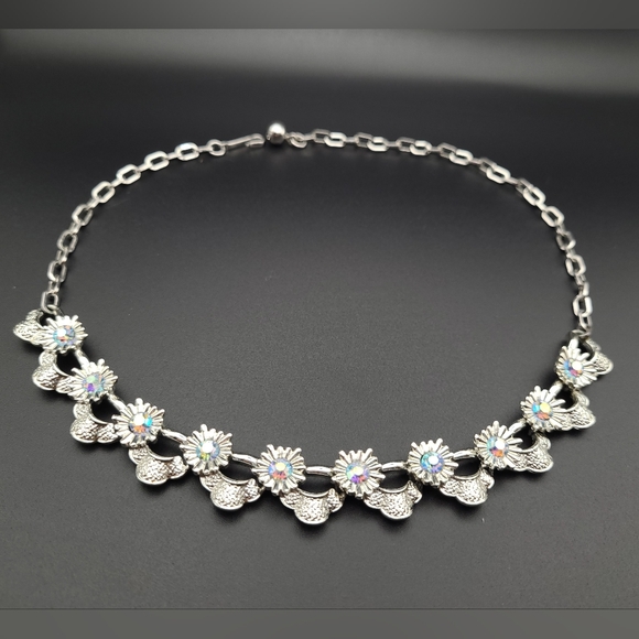 Coro Jewelry - Coro Signed Silver Floral Choker Necklace with Irridescent Blue Crystals